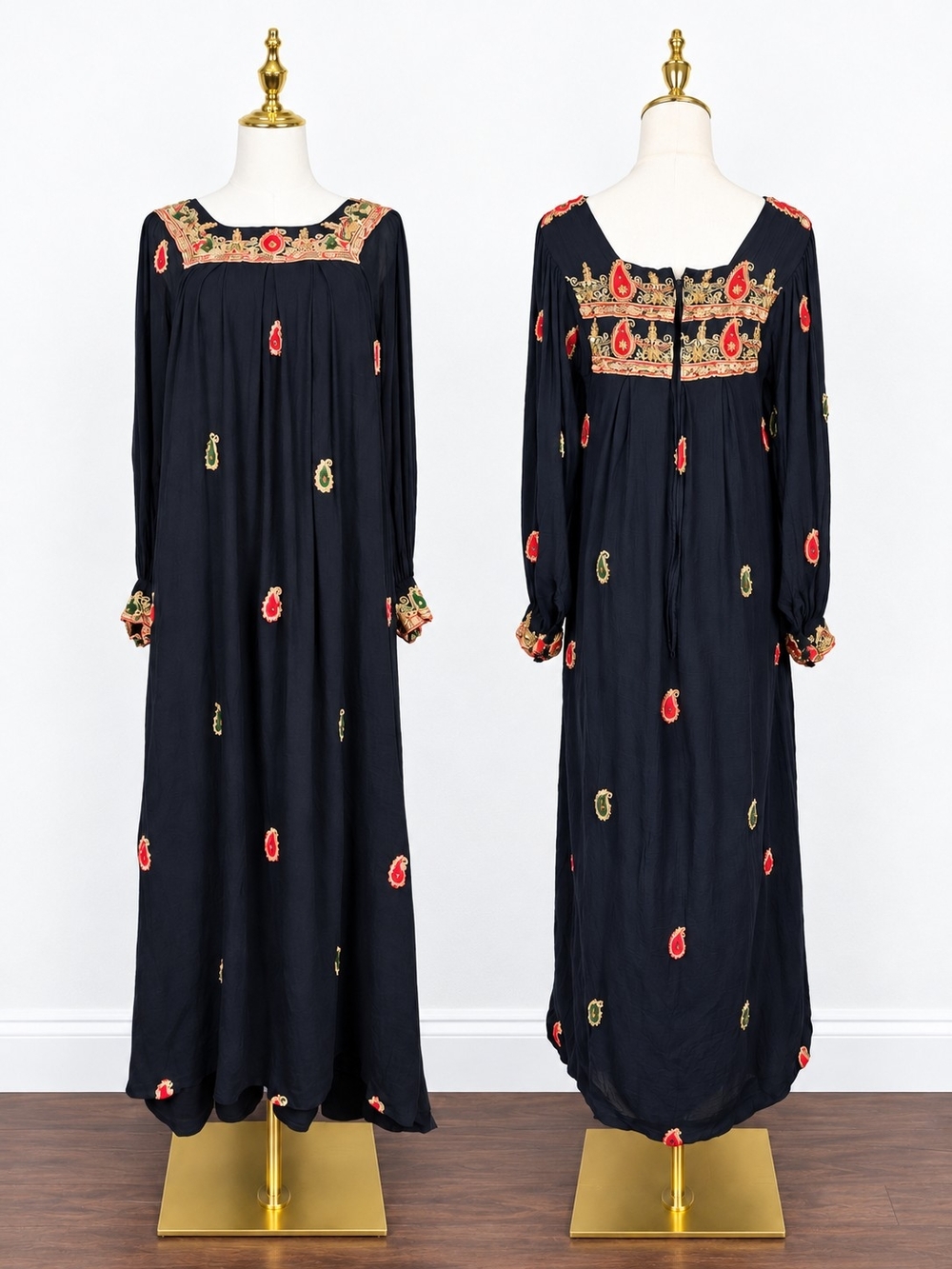 Vintage 70s Raksha Hindimp Silk Embroidered Caftan Maxi Dress Boho Artwear Large